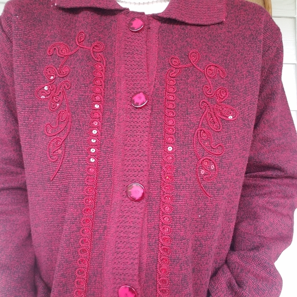 Mid-Length Modern Cardigan Sweater Sequin Gorgeous Deep Burgundy/Black - Picture 8 of 14